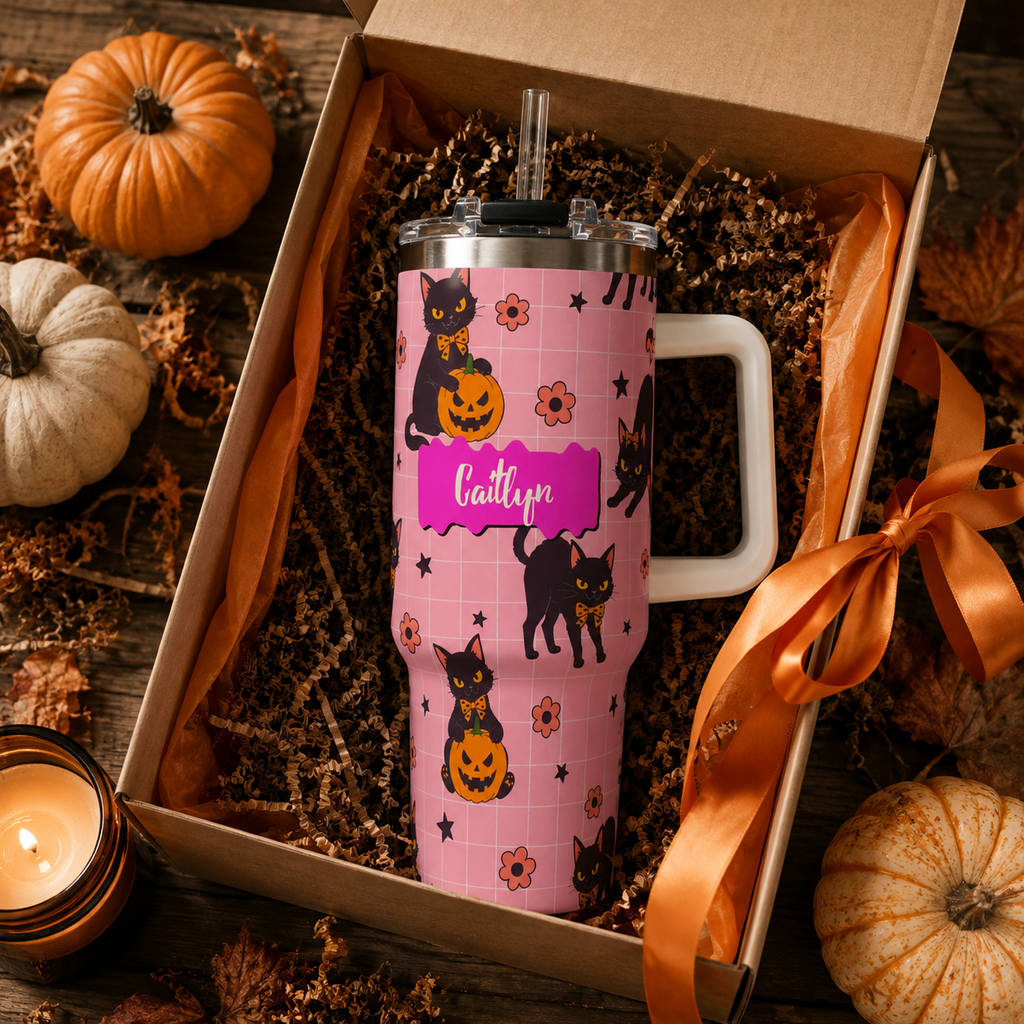 Personalized 40oz Tumbler with Handle - Halloween Black Cat Custom Name