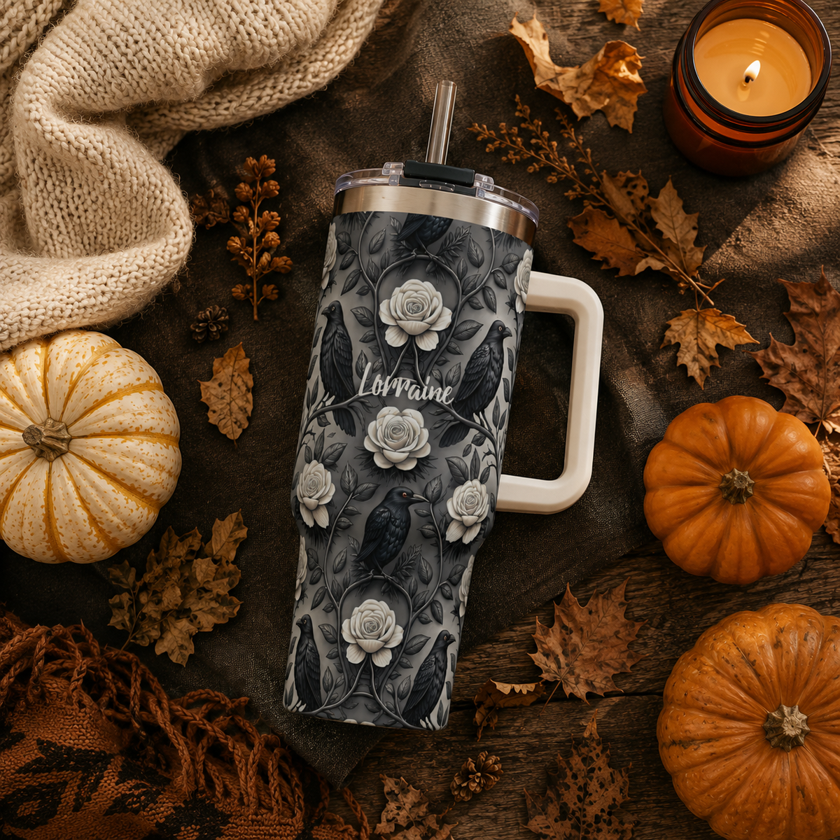 Personalized 40oz Tumbler with Handle - Gothic Raven Rose Custom Name