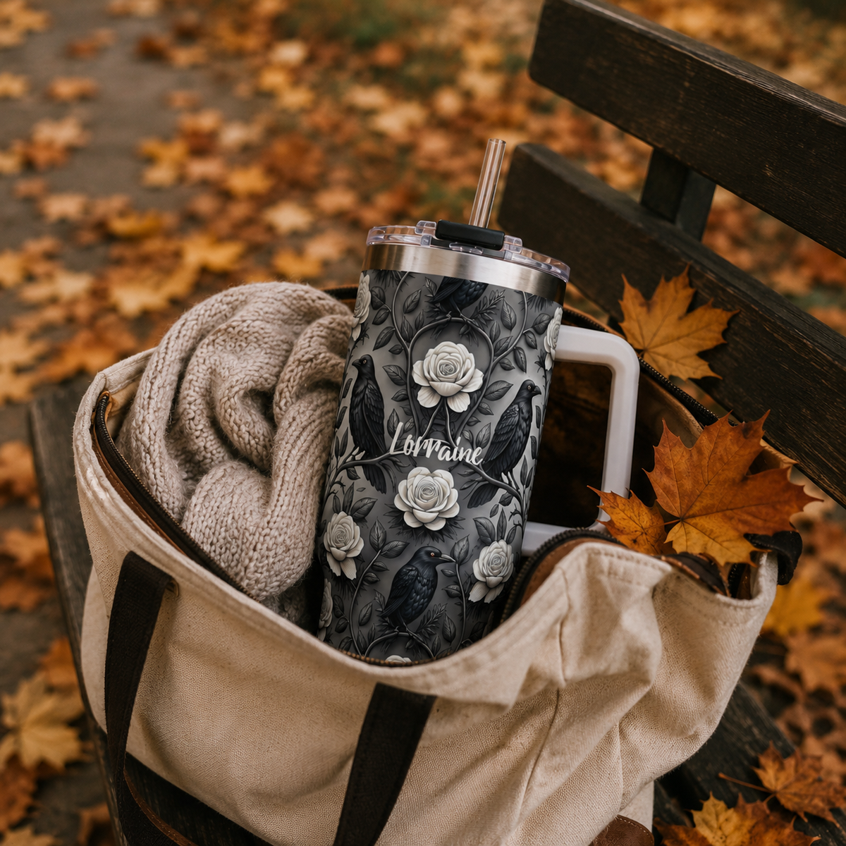 Personalized 40oz Tumbler with Handle - Gothic Raven Rose Custom Name