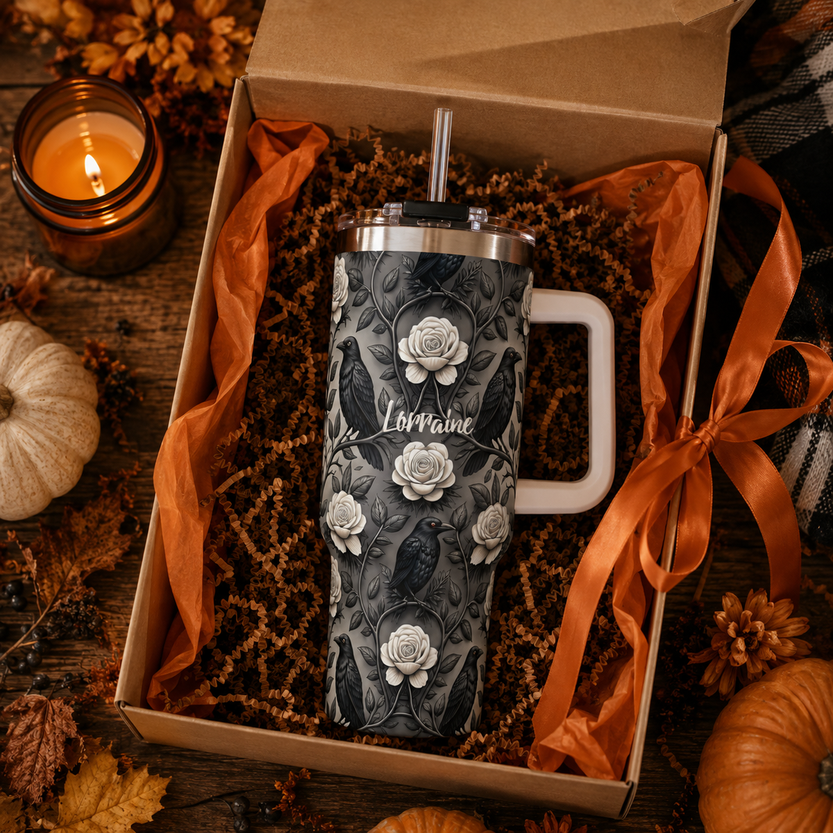 Personalized 40oz Tumbler with Handle - Gothic Raven Rose Custom Name