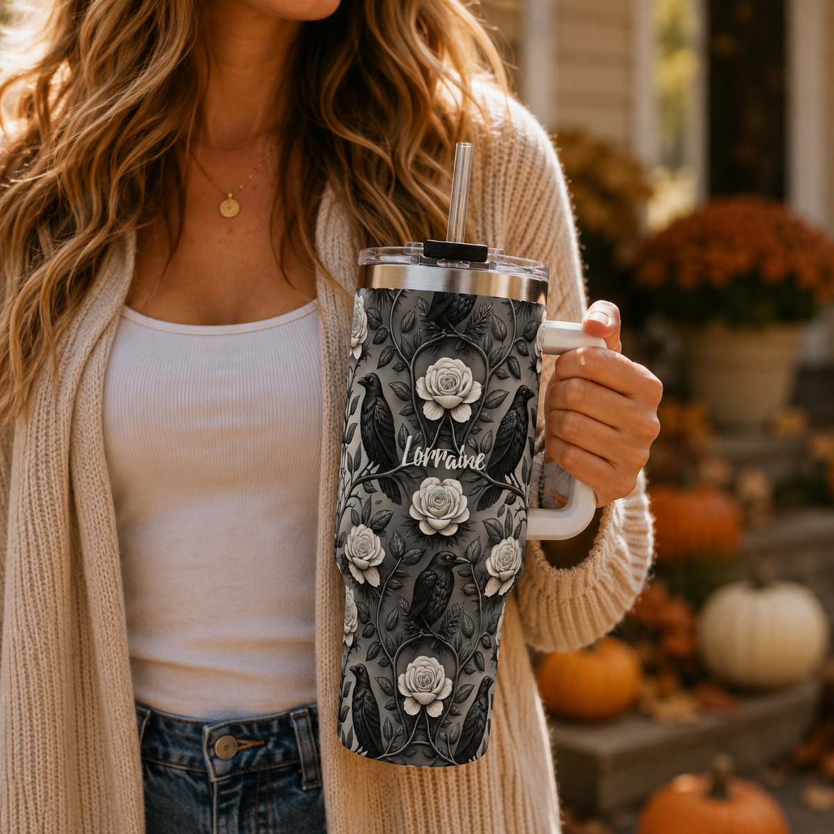 Personalized 40oz Tumbler with Handle - Gothic Raven Rose Custom Name