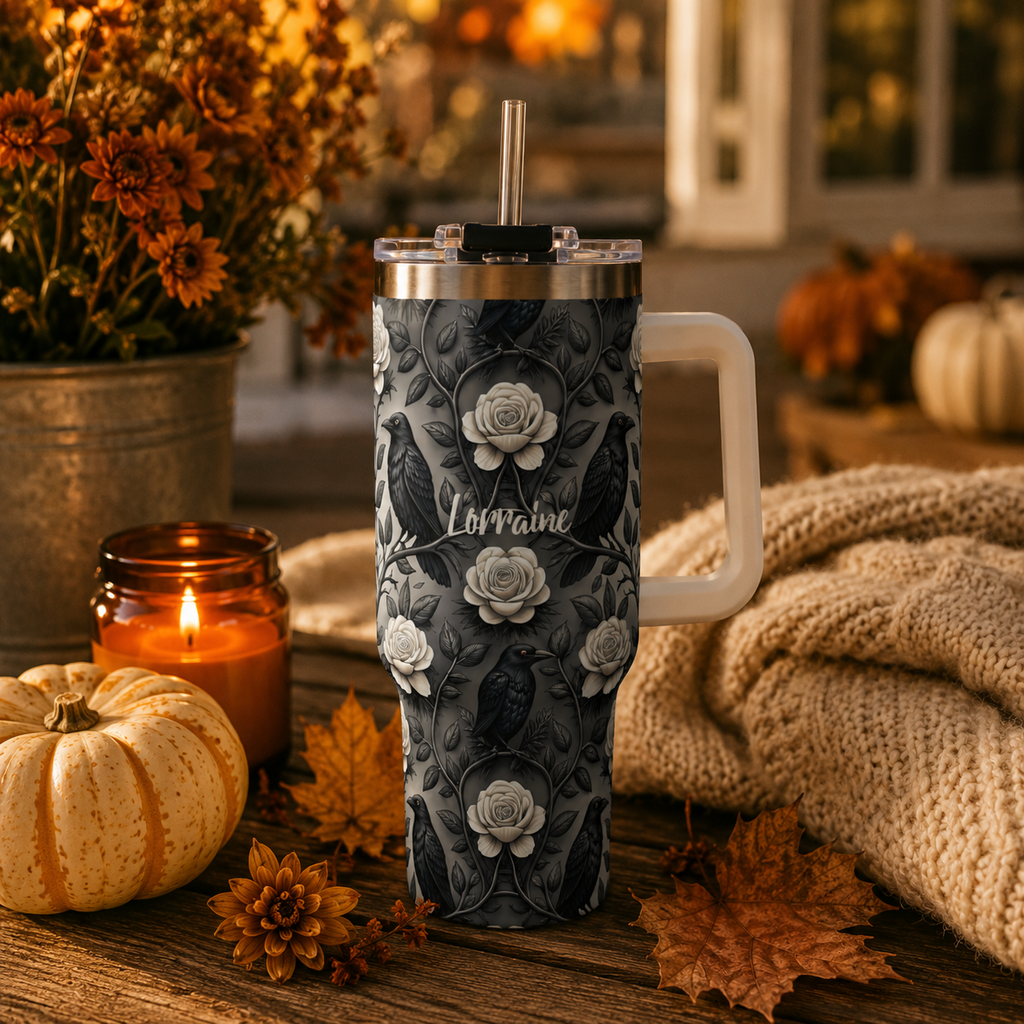 Personalized 40oz Tumbler with Handle - Gothic Raven Rose Custom Name