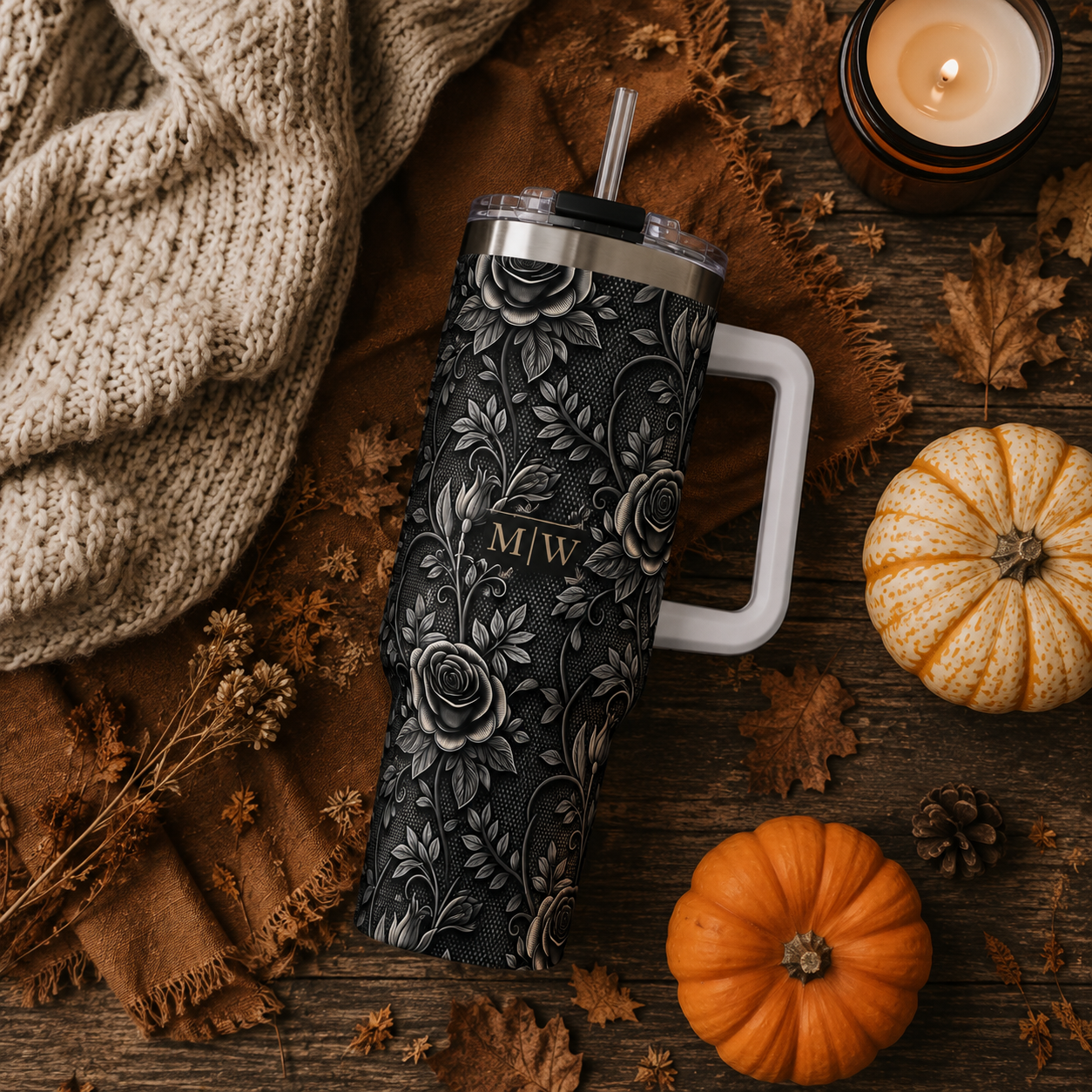 Personalized 40oz Tumbler with Handle - Gothic Lace Rose Custom Initials