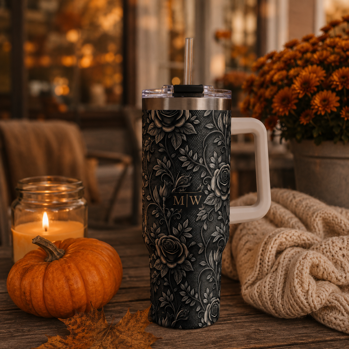Personalized 40oz Tumbler with Handle - Gothic Lace Rose Custom Initials