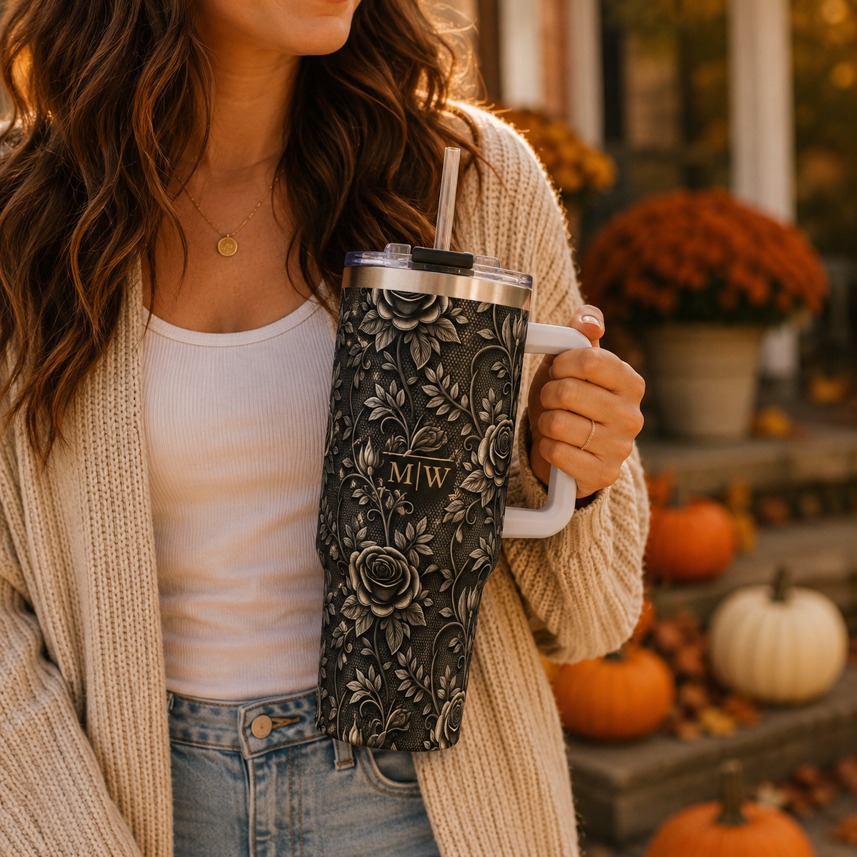 Personalized 40oz Tumbler with Handle - Gothic Lace Rose Custom Initials