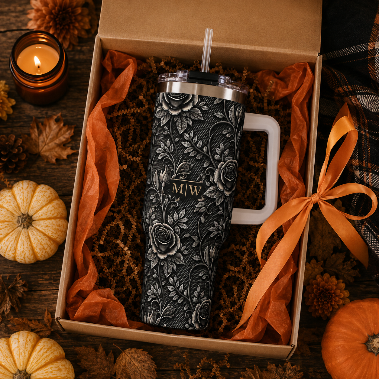 Personalized 40oz Tumbler with Handle - Gothic Lace Rose Custom Initials