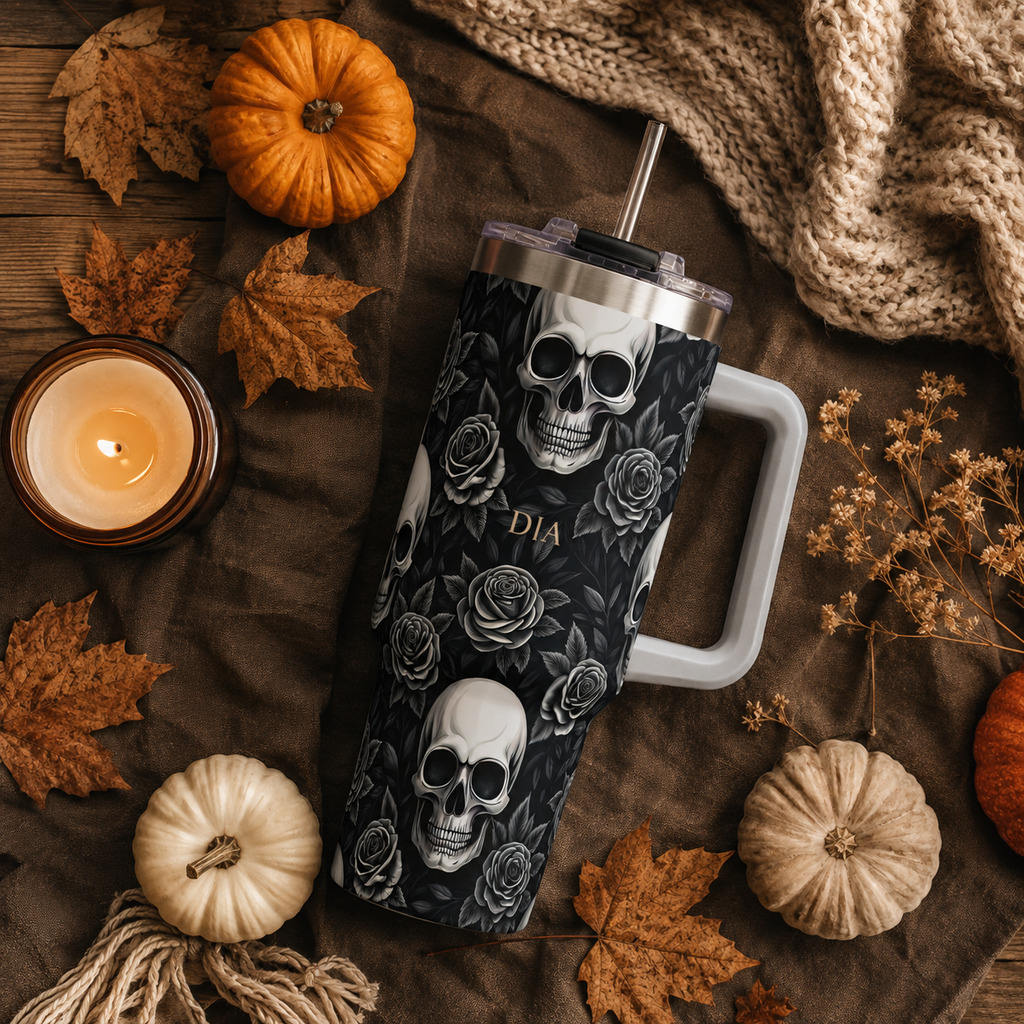 Personalized 40oz Tumbler with Handle - Gothic Skull Rose Custom Initials