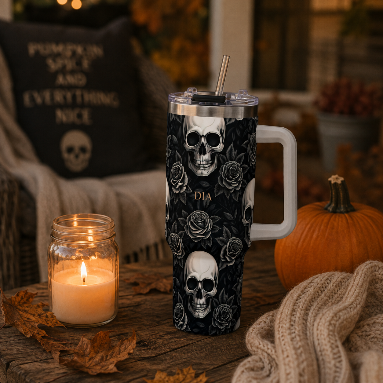 Personalized 40oz Tumbler with Handle - Gothic Skull Rose Custom Initials