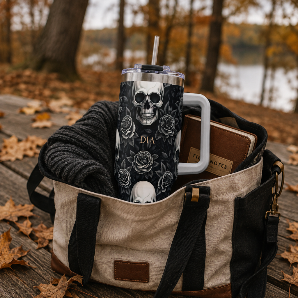Personalized 40oz Tumbler with Handle - Gothic Skull Rose Custom Initials