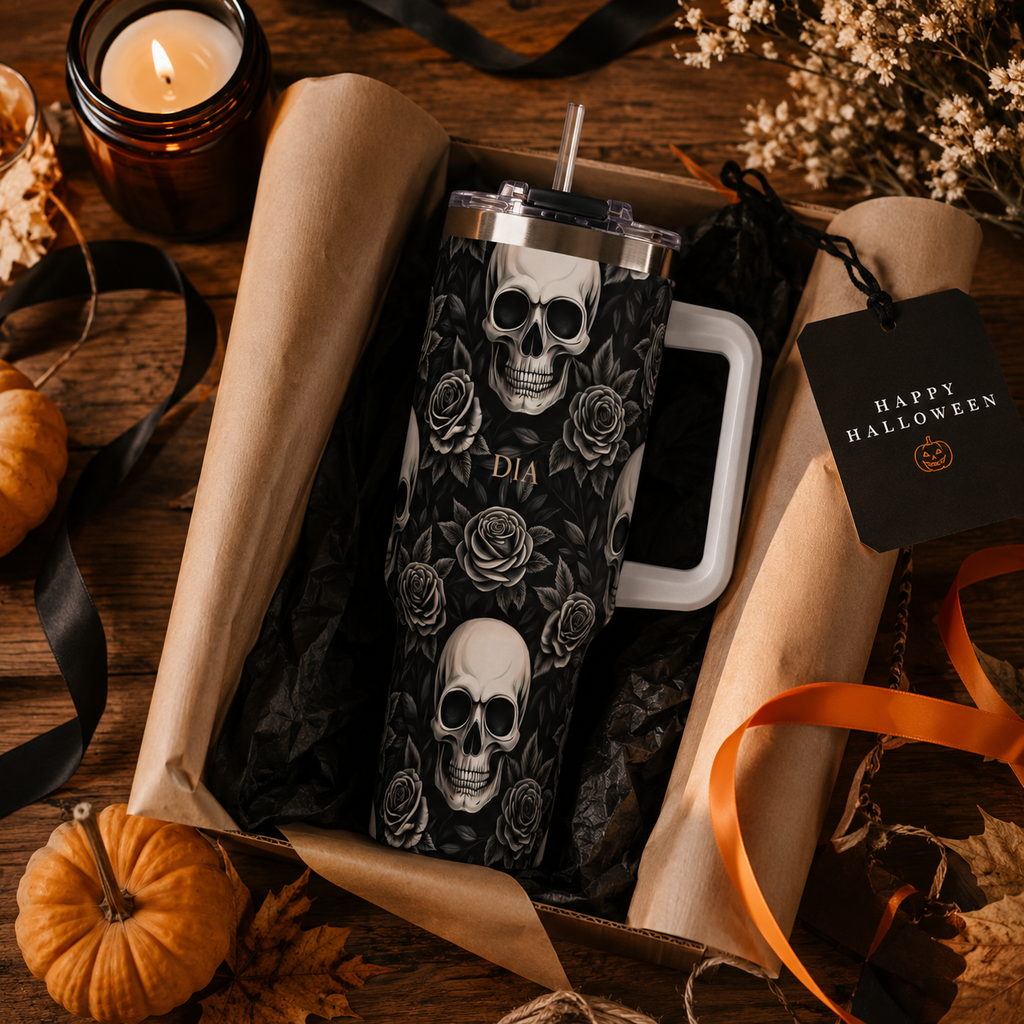 Personalized 40oz Tumbler with Handle - Gothic Skull Rose Custom Initials