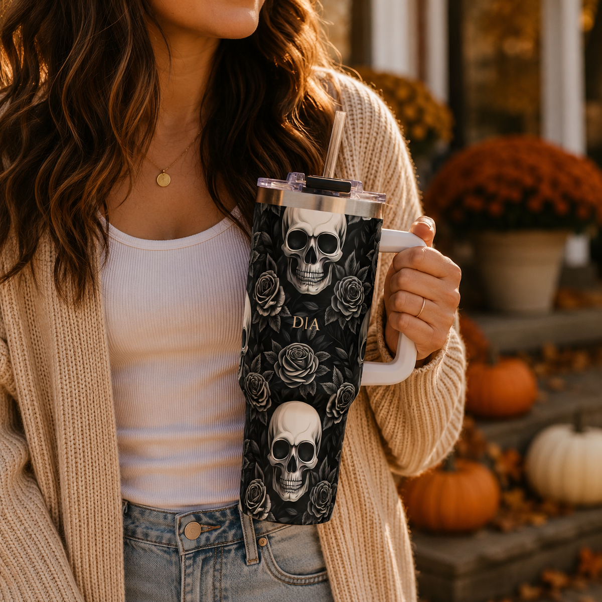 Personalized 40oz Tumbler with Handle - Gothic Skull Rose Custom Initials