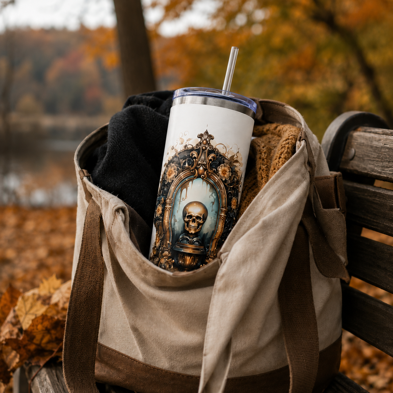 Personalized 40oz Tumbler with Handle - Gothic Skull Portal Custom Initials