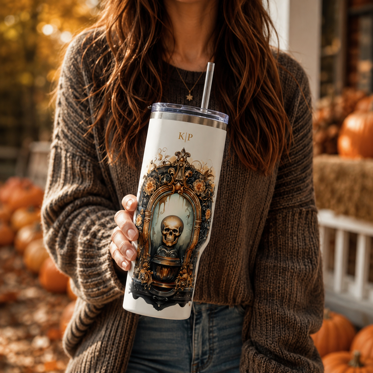 Personalized 40oz Tumbler with Handle - Gothic Skull Portal Custom Initials