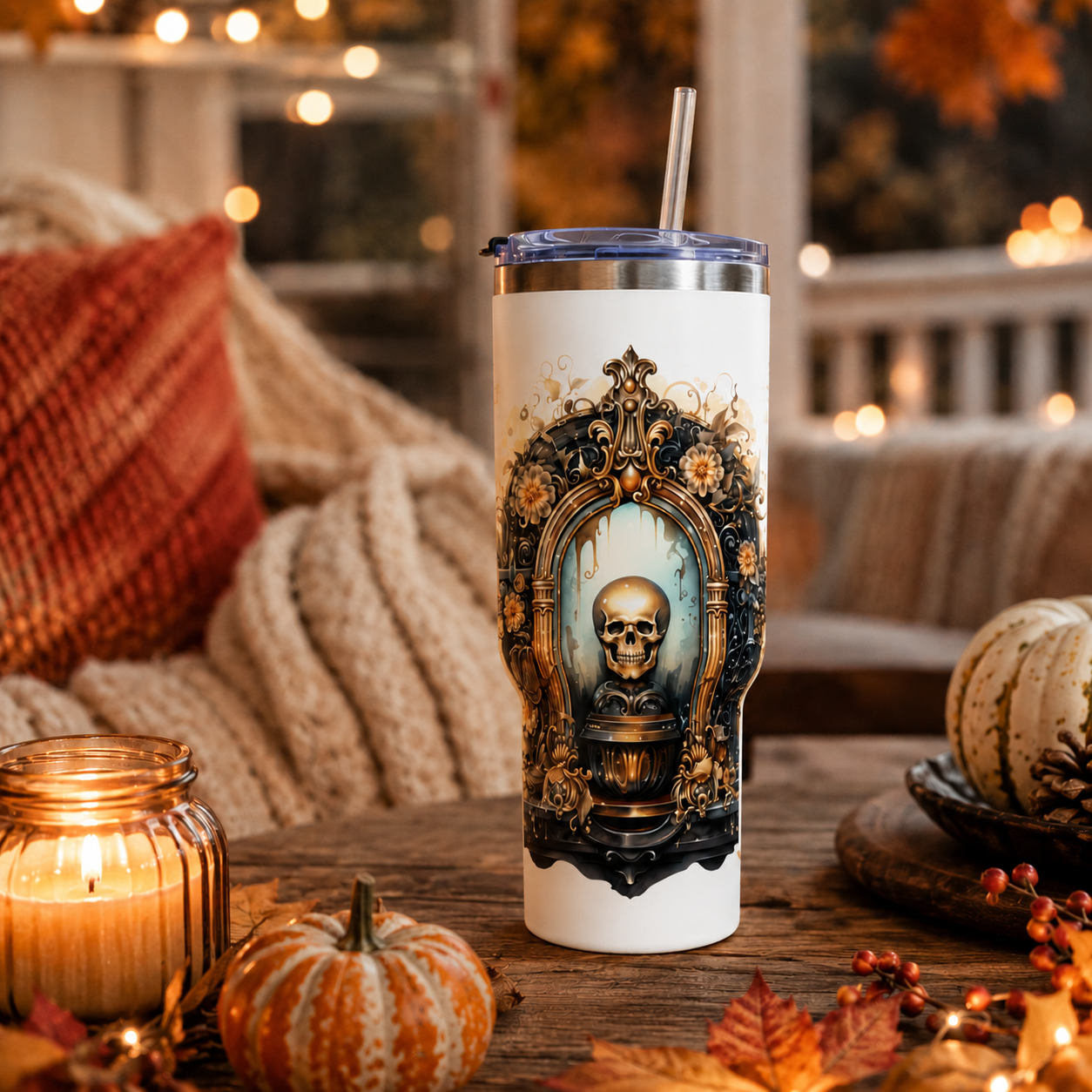 Personalized 40oz Tumbler with Handle - Gothic Skull Portal Custom Initials