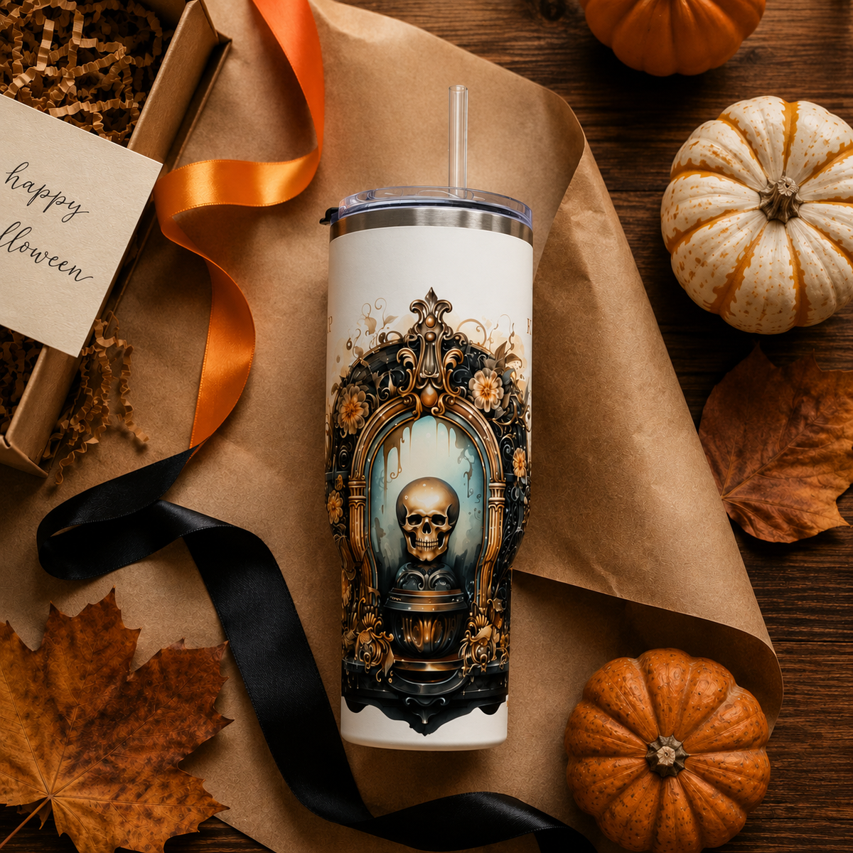 Personalized 40oz Tumbler with Handle - Gothic Skull Portal Custom Initials