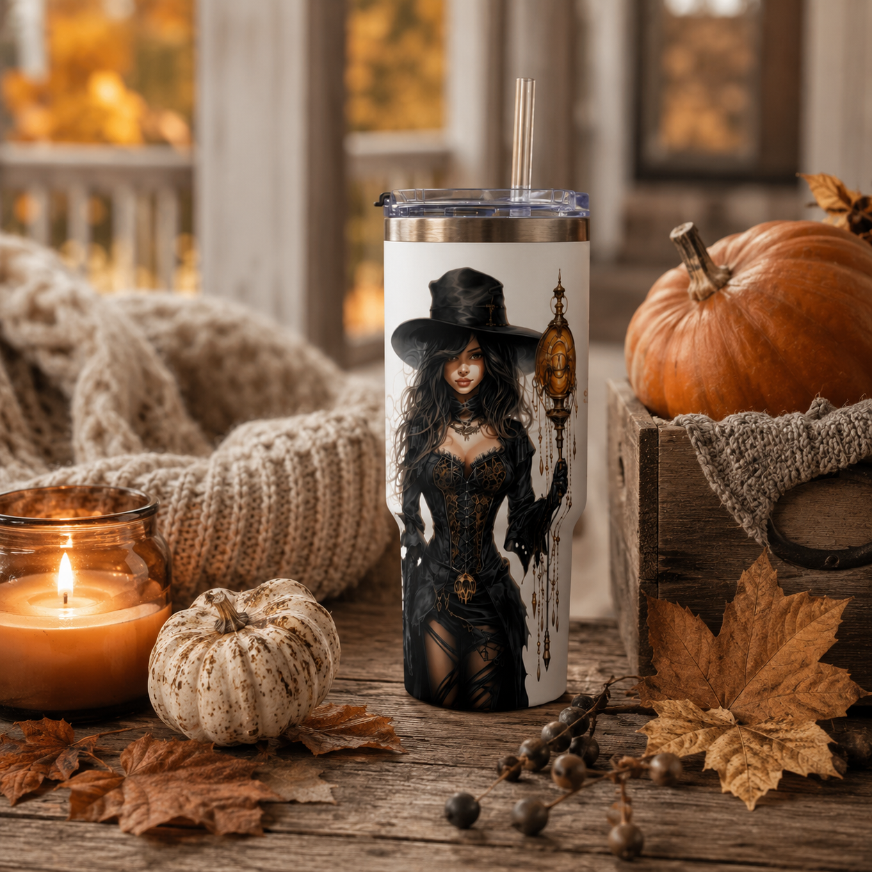 Personalized 40oz Tumbler with Handle - Fantasy Witch Custom Initials