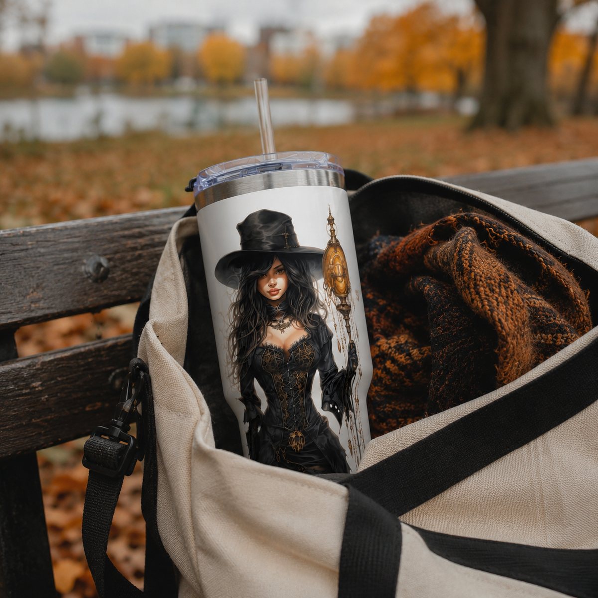 Personalized 40oz Tumbler with Handle - Fantasy Witch Custom Initials