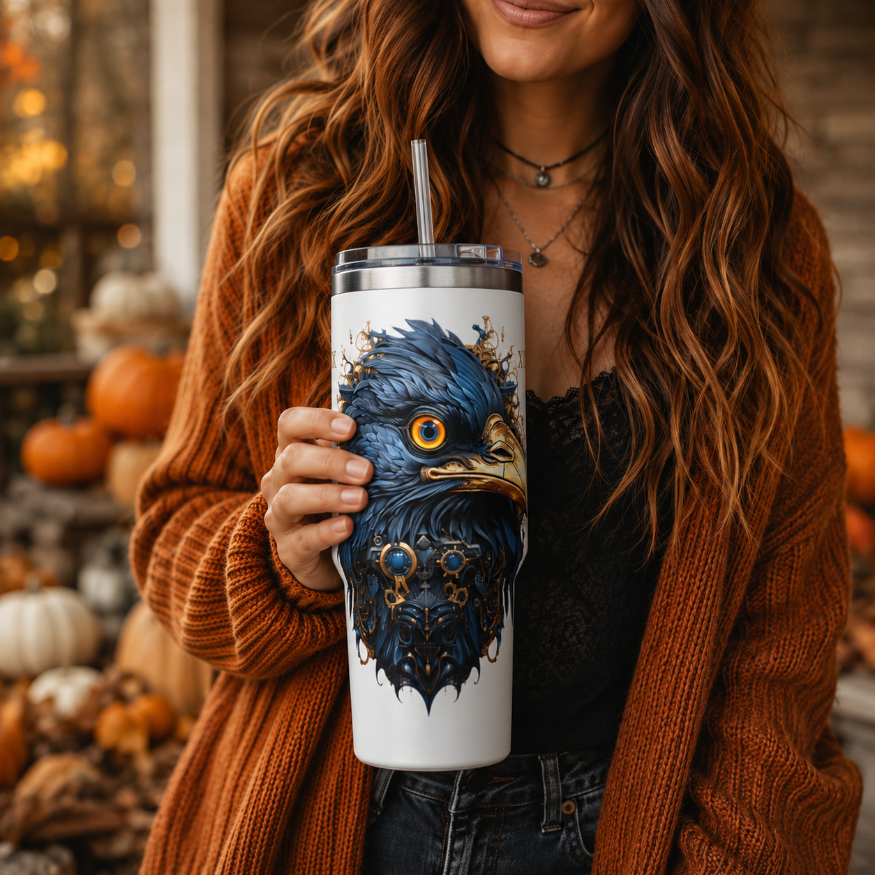 Personalized 40oz Tumbler with Handle - Steampunk Eagle Custom Initials