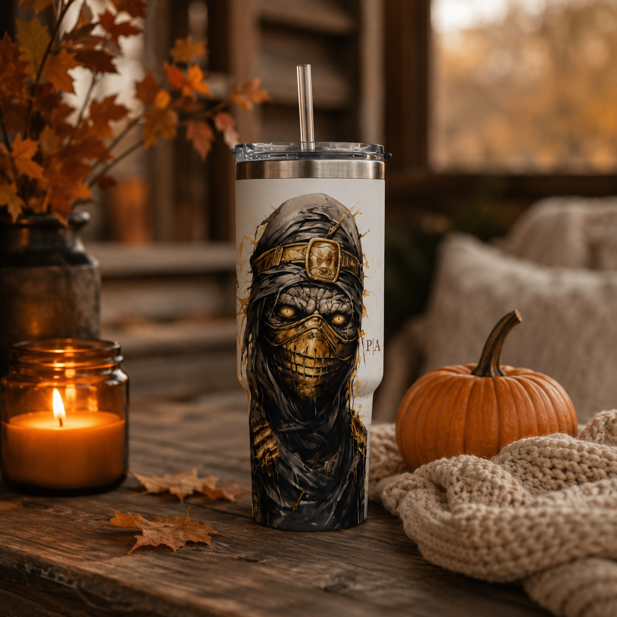 Personalized 40oz Tumbler with Handle - Masked Warrior Custom Initials