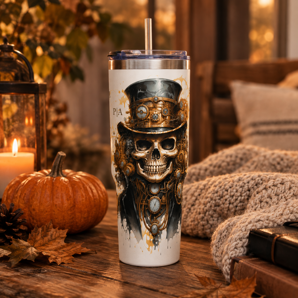 Personalized 40oz Tumbler with Handle - Steampunk Skull Custom Initials