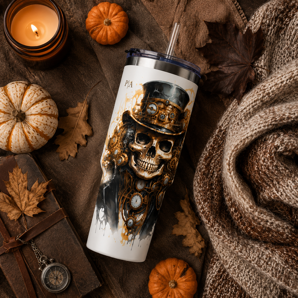 Personalized 40oz Tumbler with Handle - Steampunk Skull Custom Initials