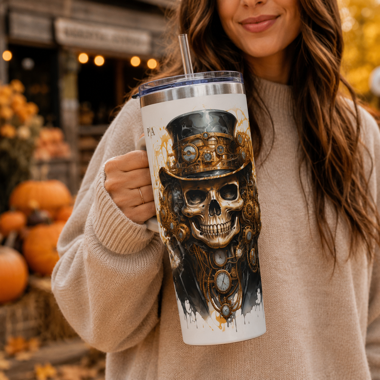Personalized 40oz Tumbler with Handle - Steampunk Skull Custom Initials