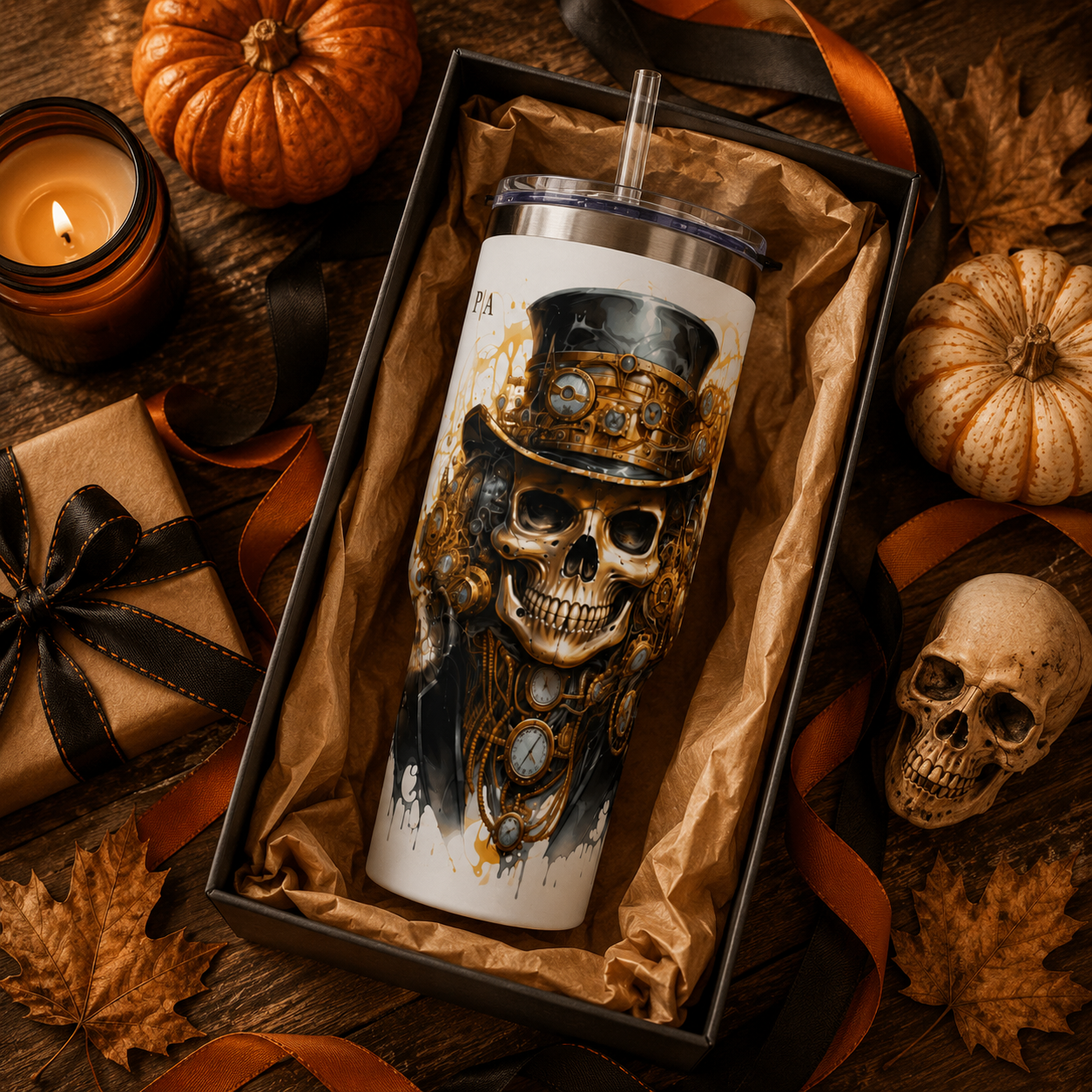 Personalized 40oz Tumbler with Handle - Steampunk Skull Custom Initials