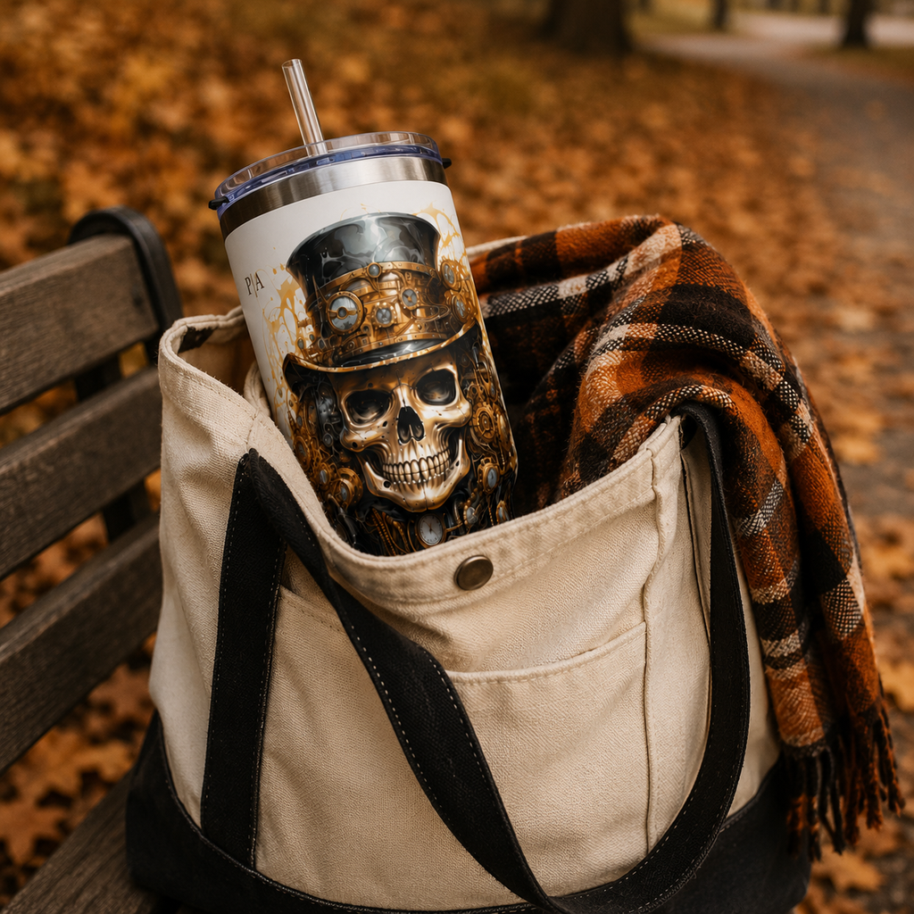 Personalized 40oz Tumbler with Handle - Steampunk Skull Custom Initials