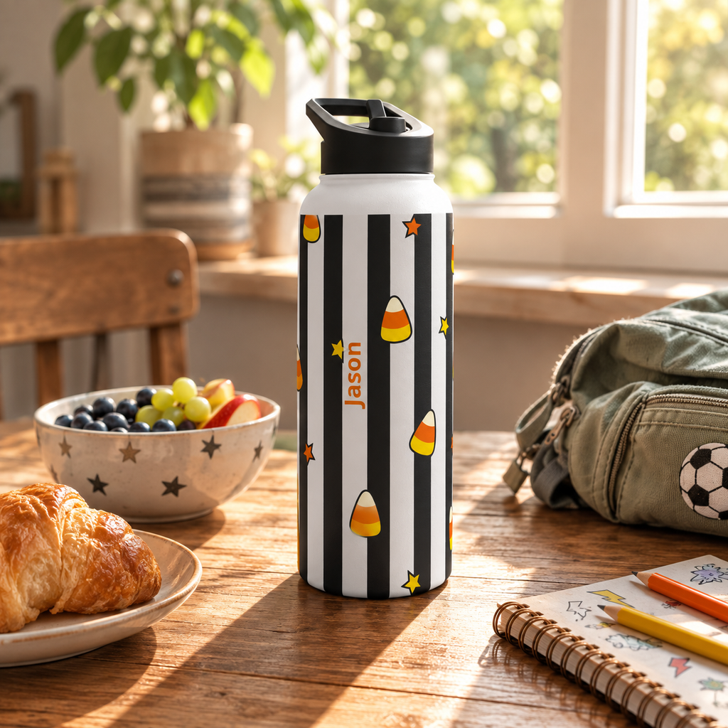 Personalized Water Bottle - Halloween Candy Corn Custom Name