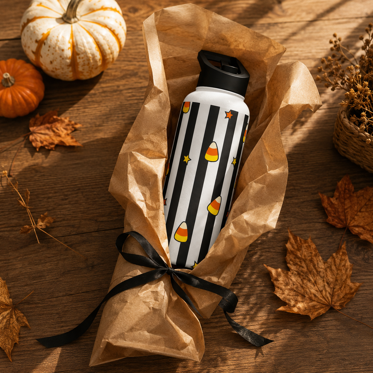 Personalized Water Bottle - Halloween Candy Corn Custom Name