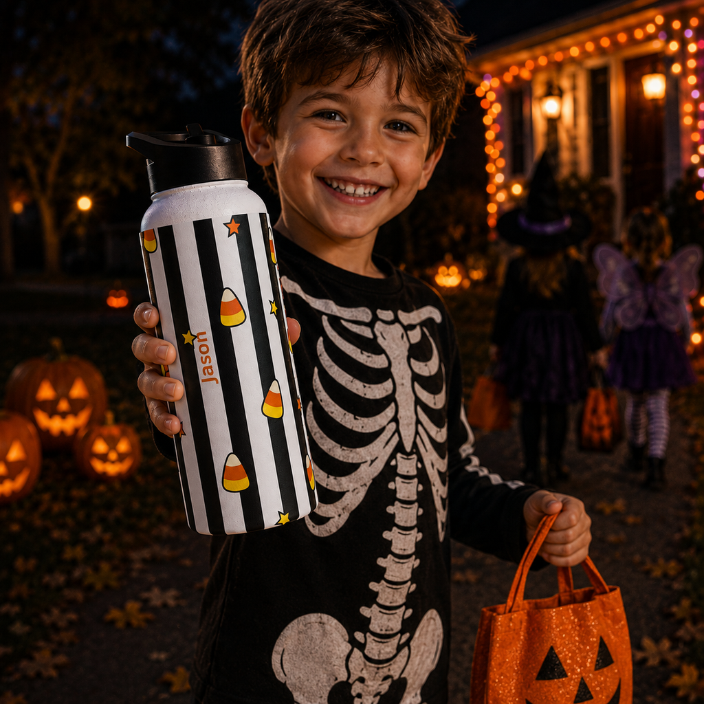 Personalized Water Bottle - Halloween Candy Corn Custom Name