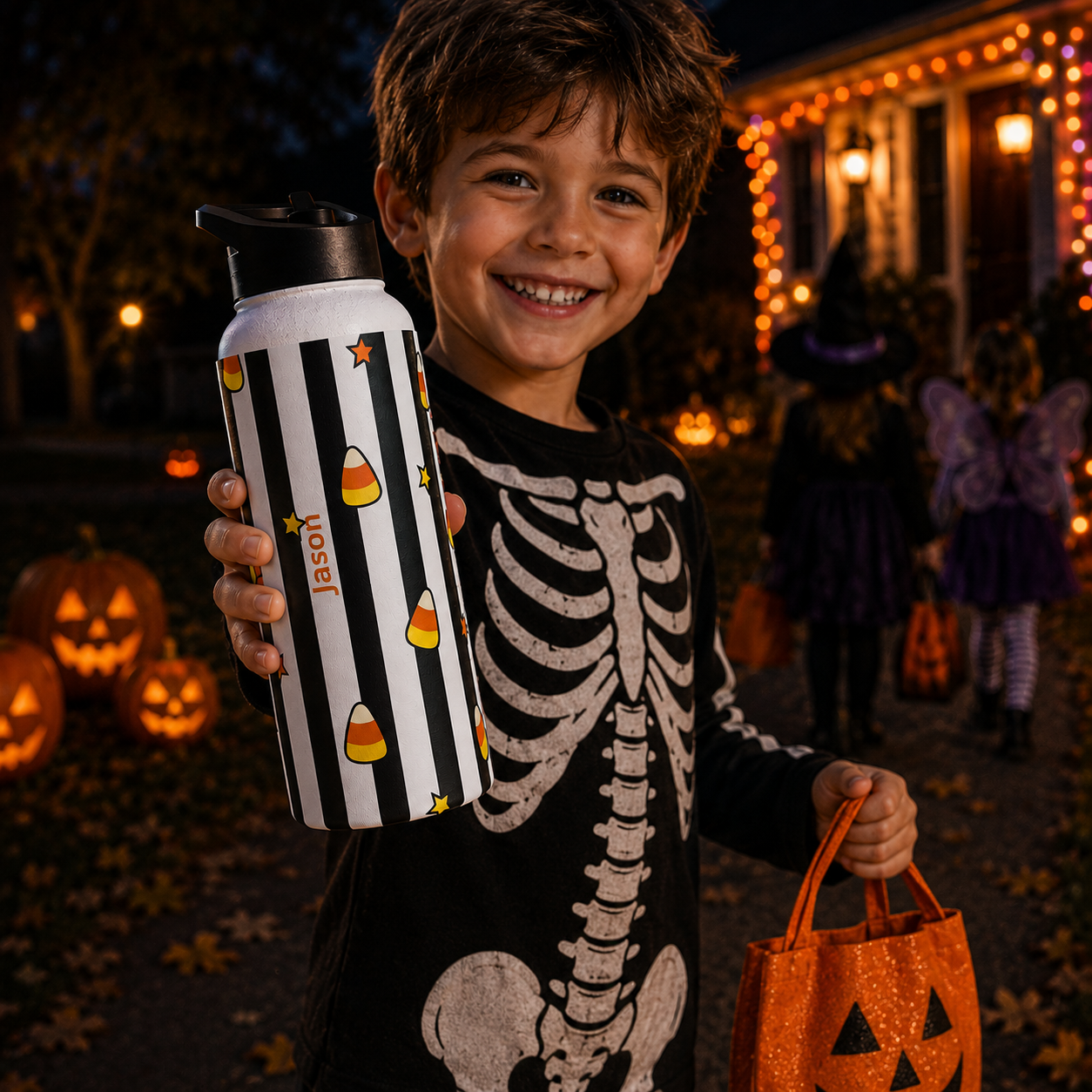 Personalized Water Bottle - Halloween Candy Corn Custom Name