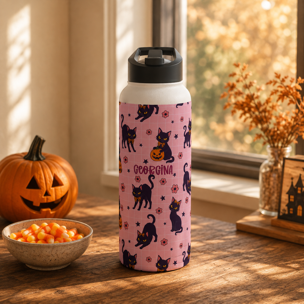 Personalized Water Bottle - Halloween Black Cat Custom Name