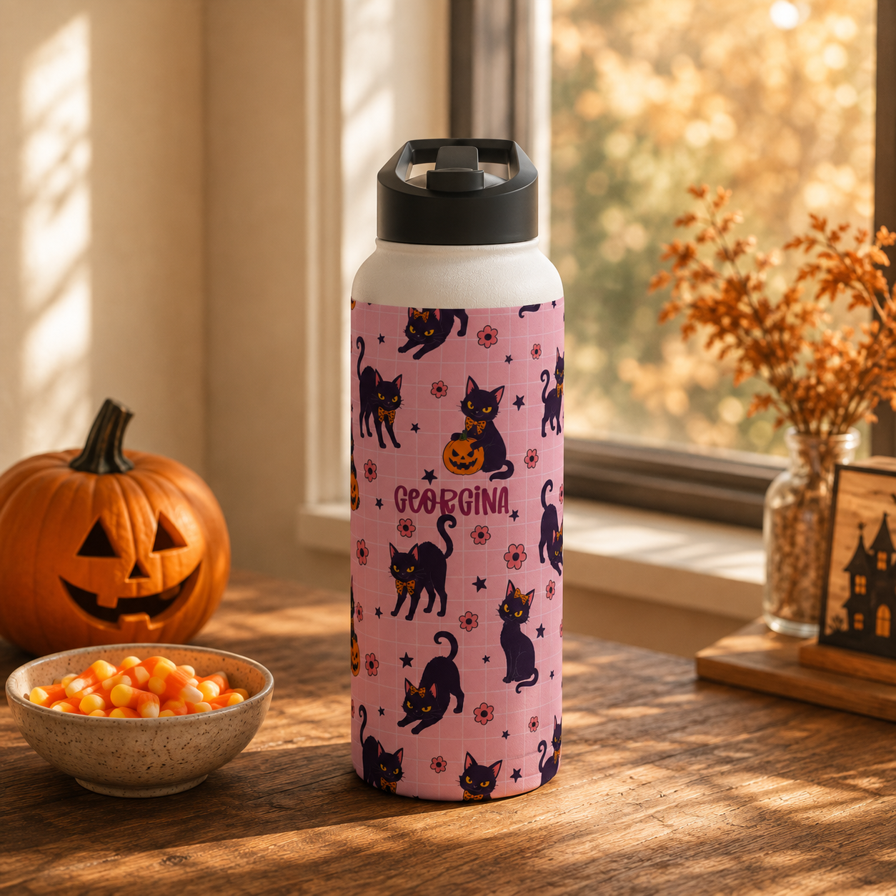 Personalized Water Bottle - Halloween Black Cat Custom Name