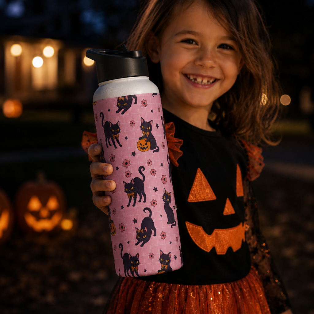 Personalized Water Bottle - Halloween Black Cat Custom Name