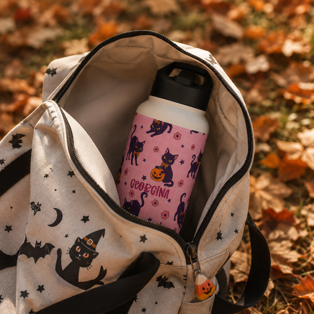 Personalized Water Bottle - Halloween Black Cat Custom Name