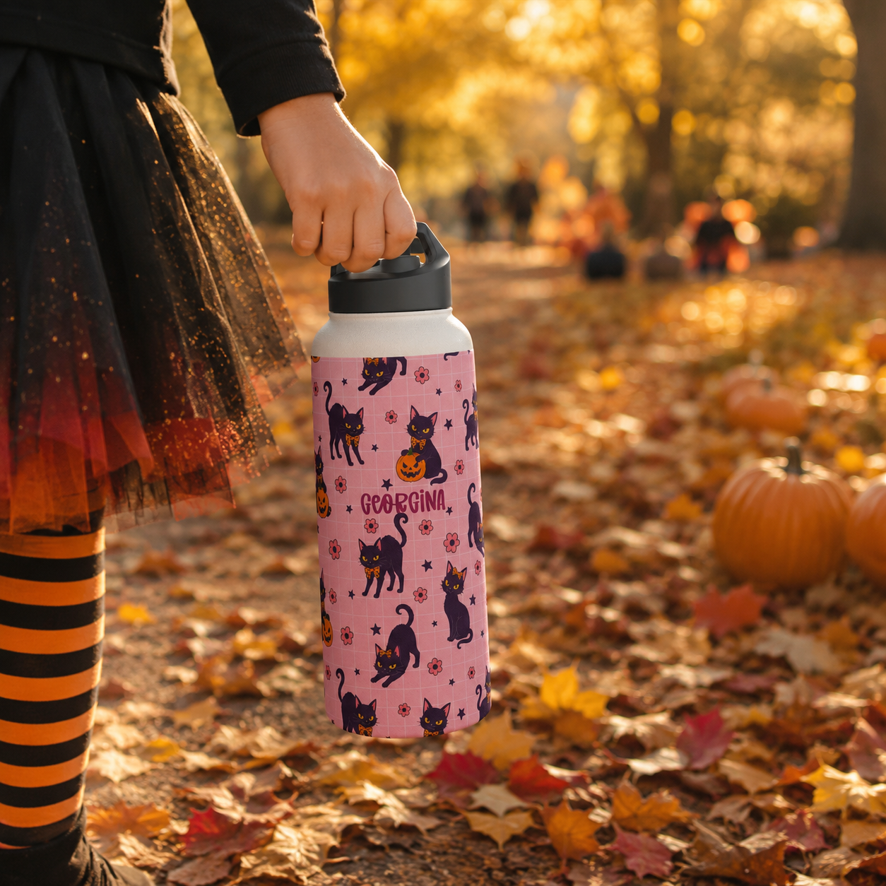 Personalized Water Bottle - Halloween Black Cat Custom Name