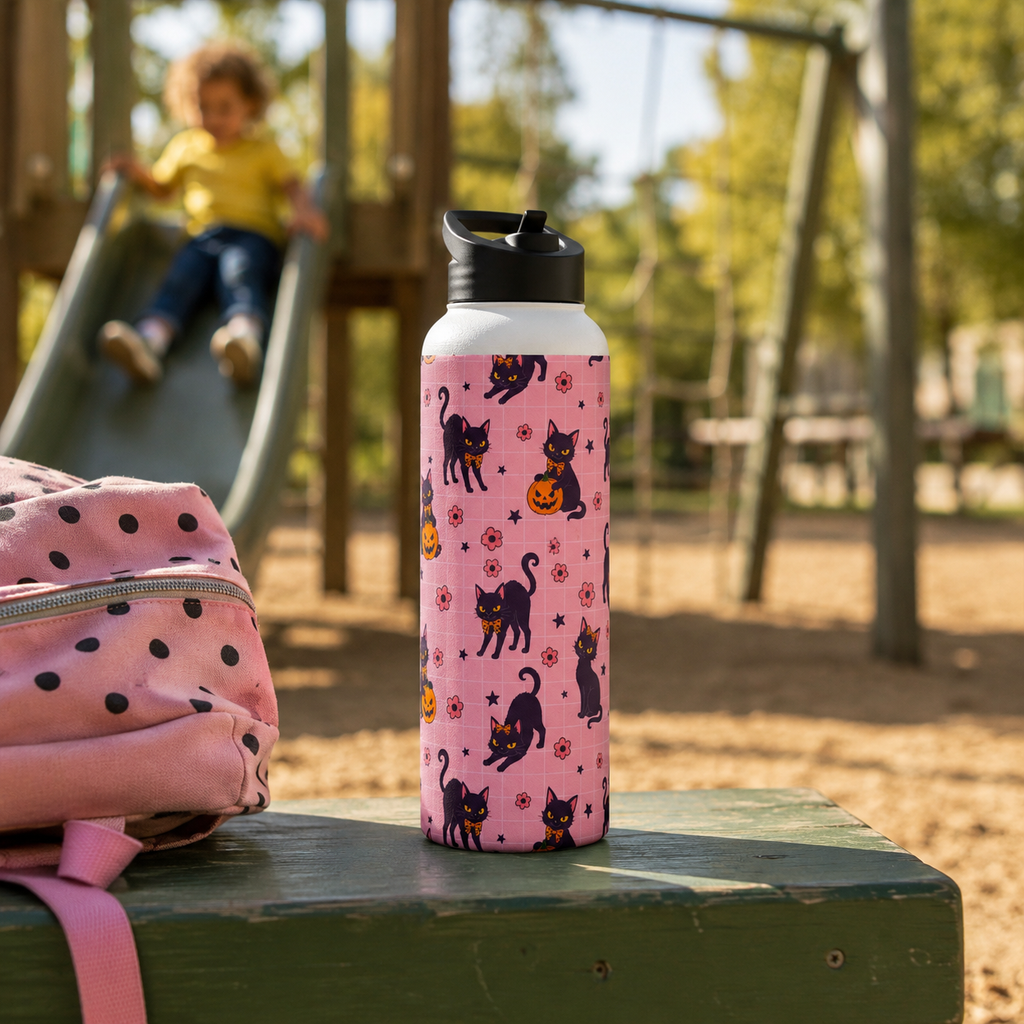 Personalized Water Bottle - Halloween Black Cat Custom Name