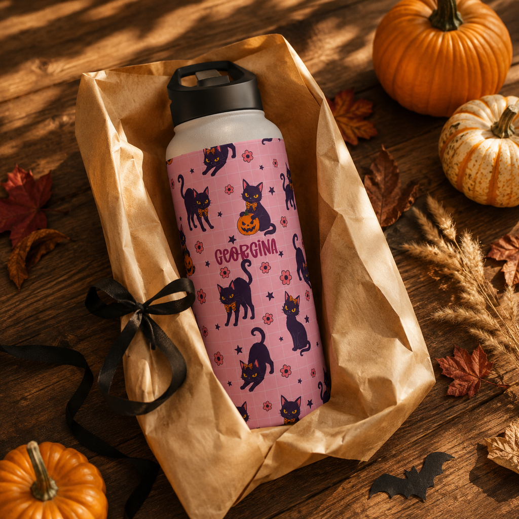 Personalized Water Bottle - Halloween Black Cat Custom Name