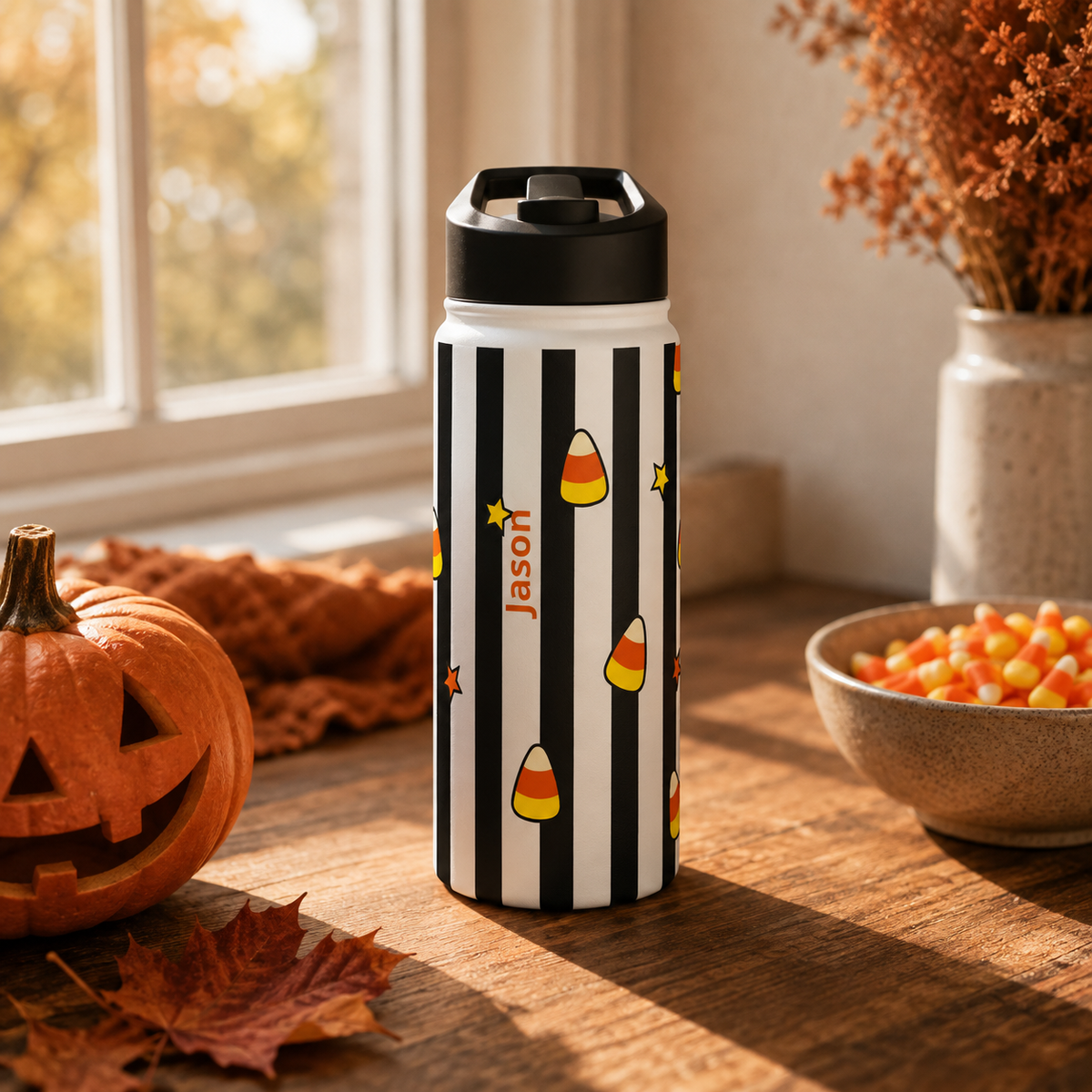 Personalized Water Bottle - Halloween Candy Corn Custom Name