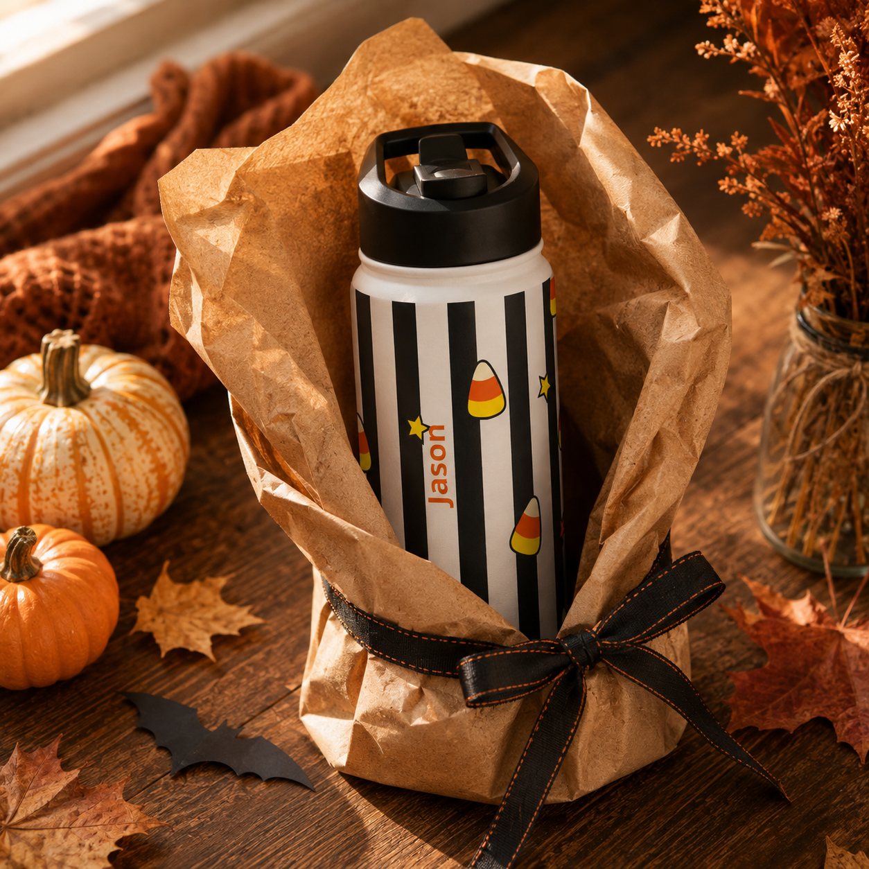 Personalized Water Bottle - Halloween Candy Corn Custom Name