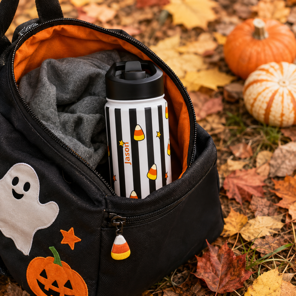 Personalized Water Bottle - Halloween Candy Corn Custom Name