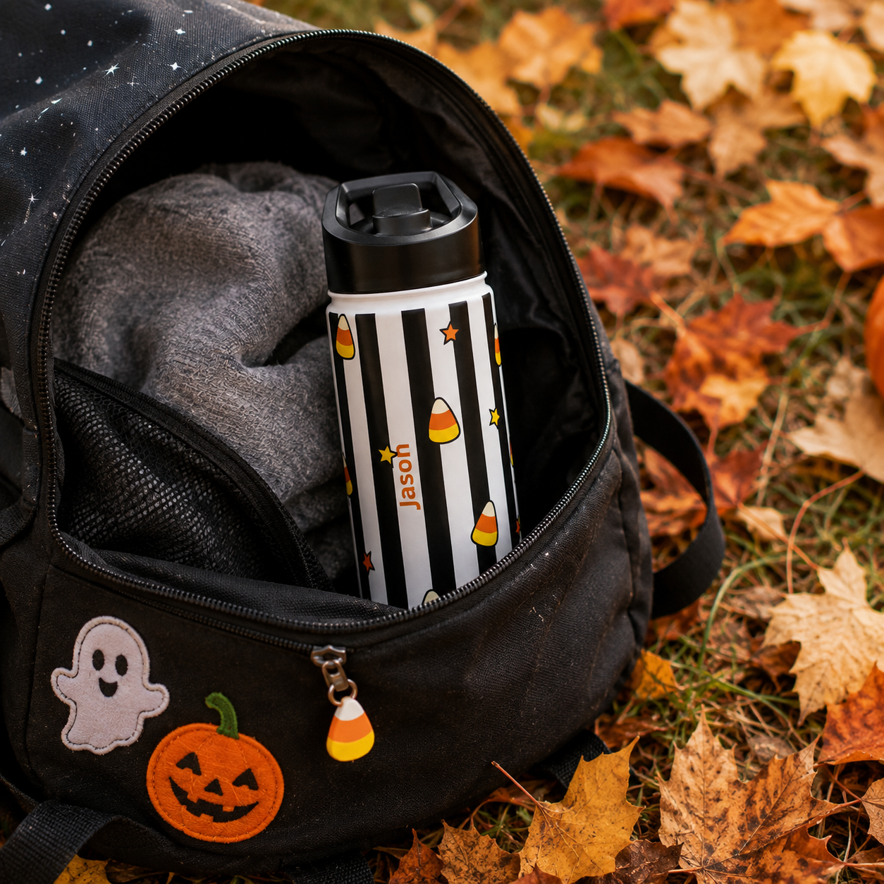 Personalized Water Bottle - Halloween Candy Corn Custom Name