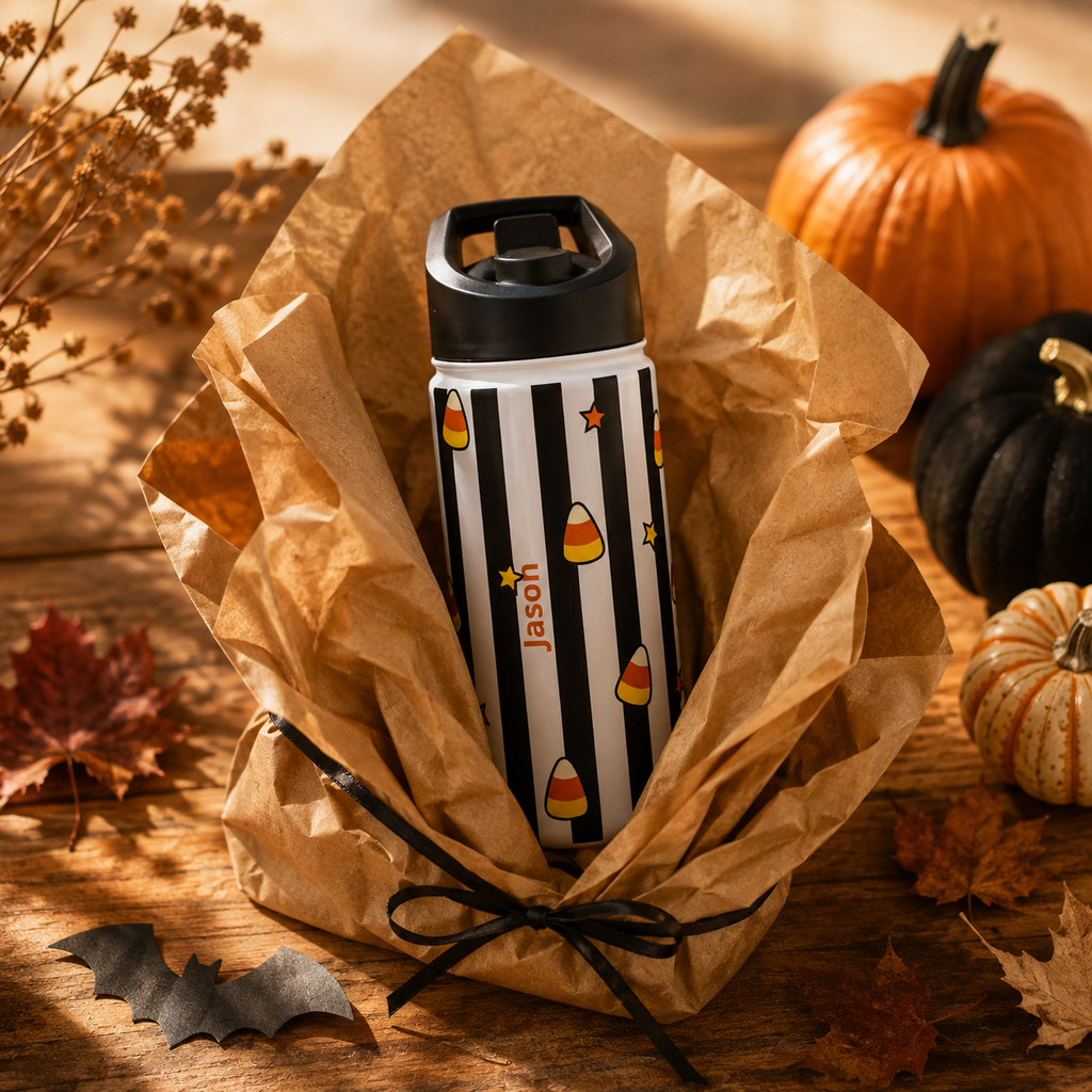 Personalized Water Bottle - Halloween Candy Corn Custom Name