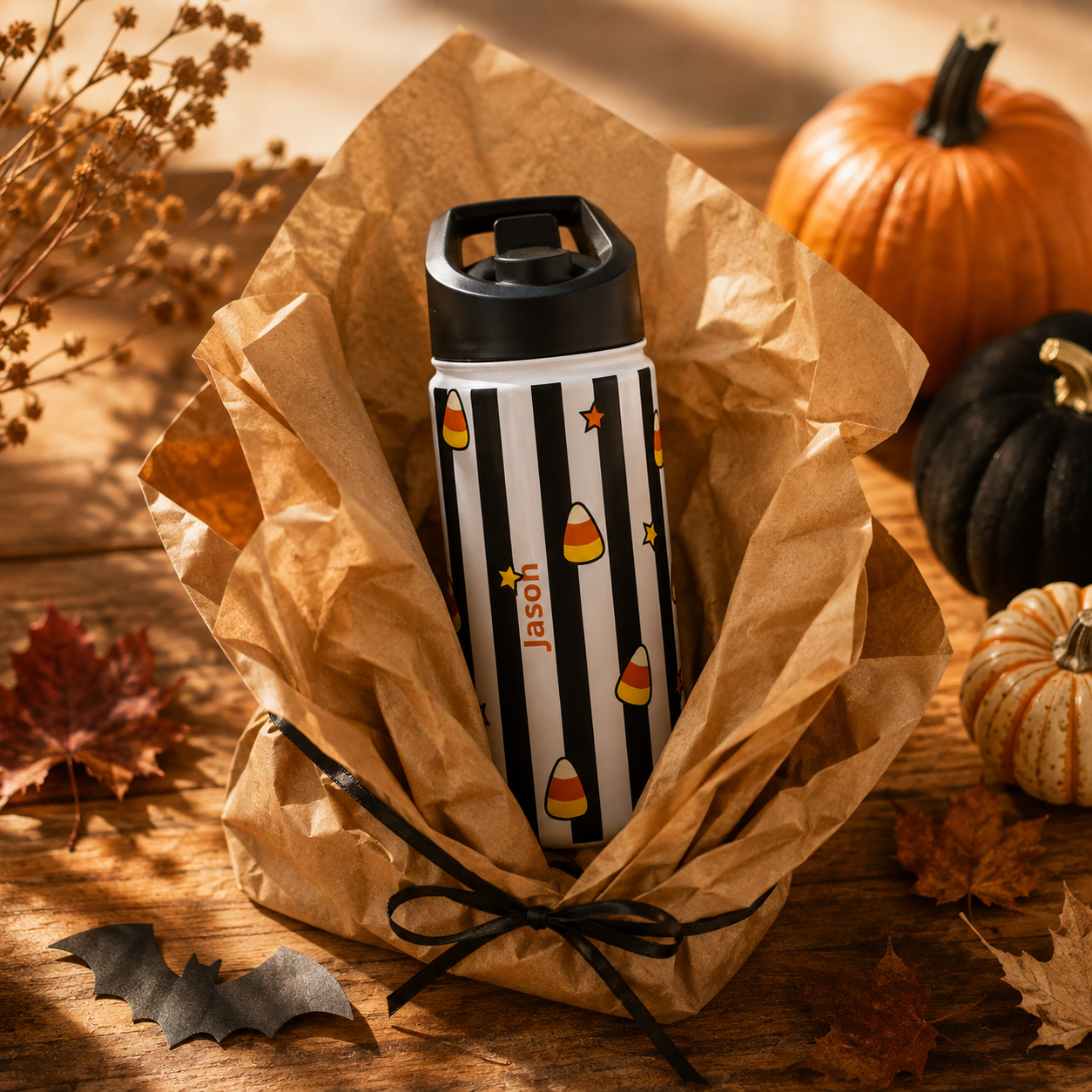 Personalized Water Bottle - Halloween Candy Corn Custom Name
