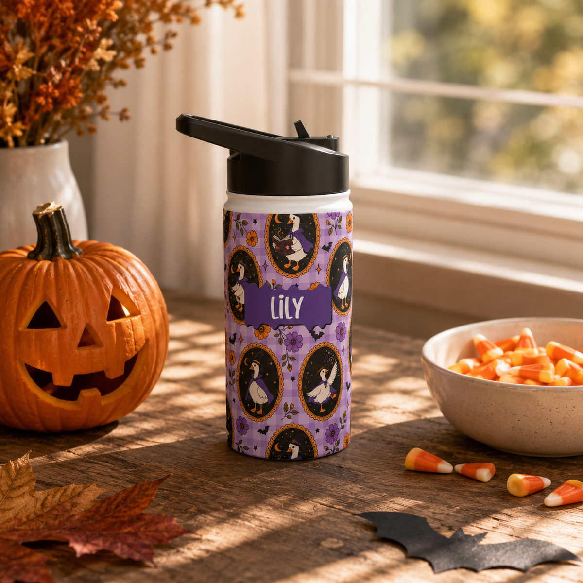 Personalized Water Bottle - Halloween Witchy Goose Custom Name
