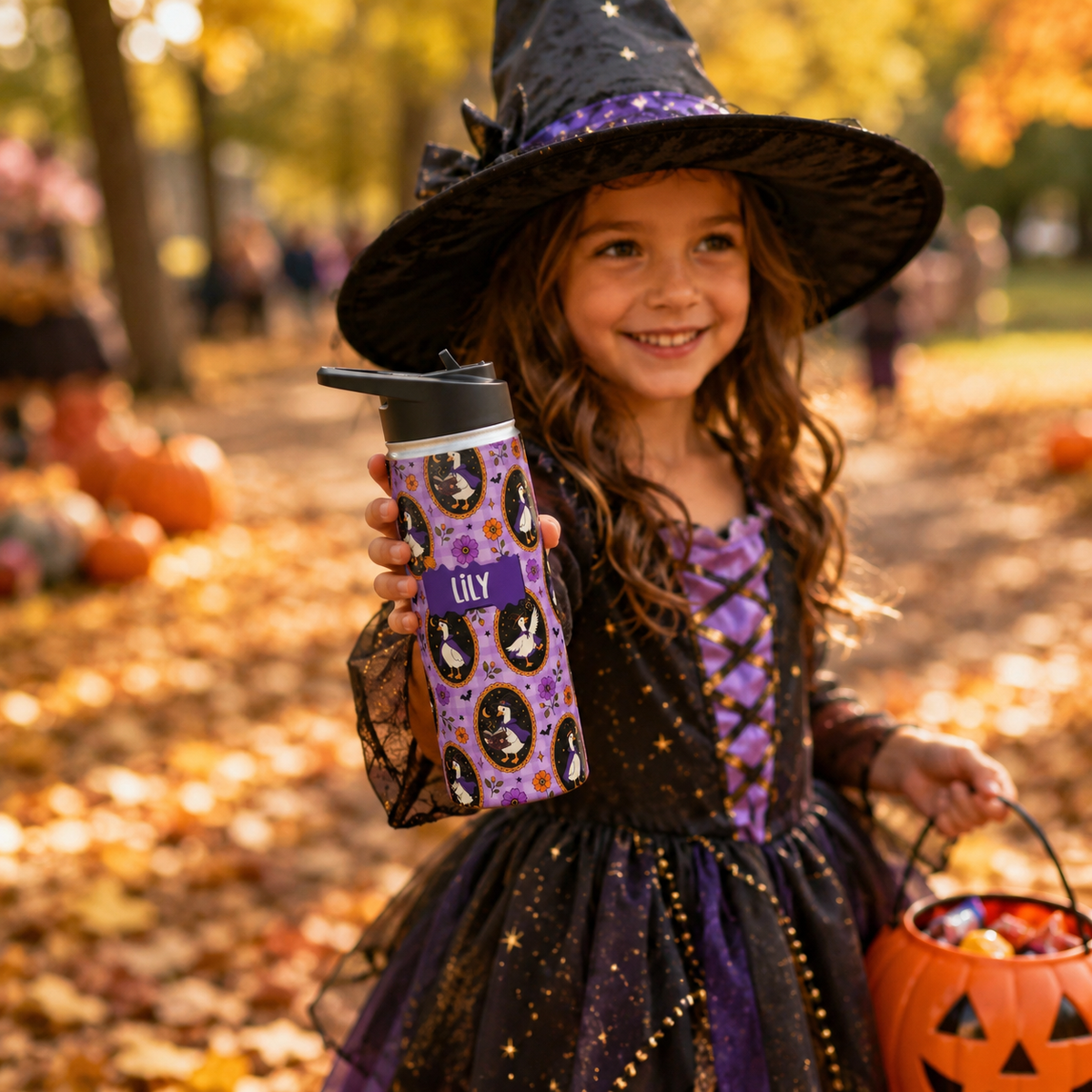 Personalized Water Bottle - Halloween Witchy Goose Custom Name