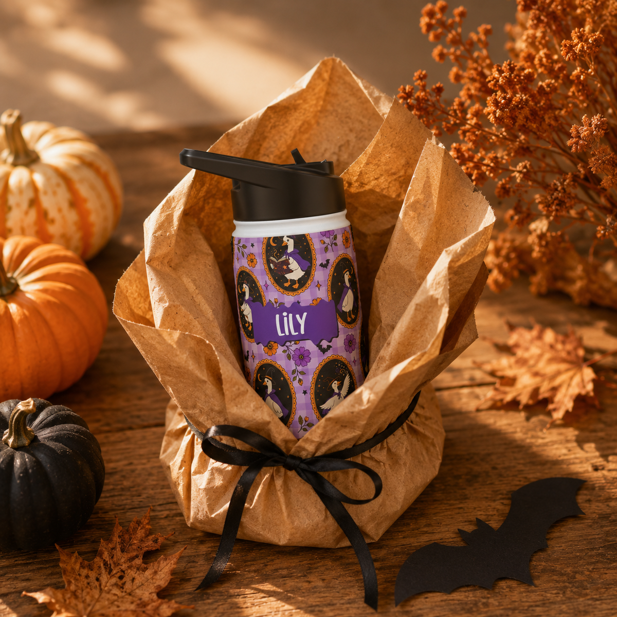 Personalized Water Bottle - Halloween Witchy Goose Custom Name