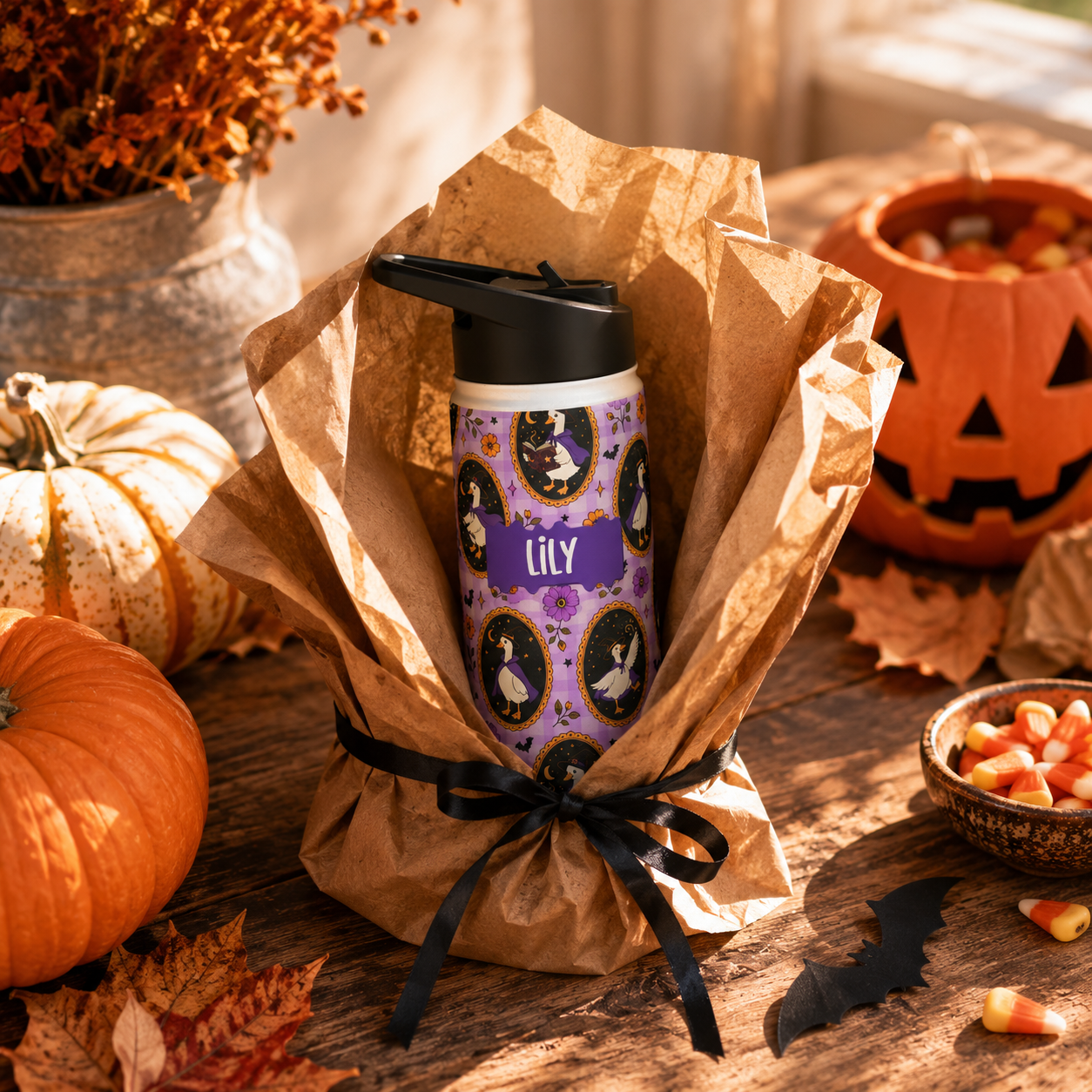 Personalized Water Bottle - Halloween Witchy Goose Custom Name