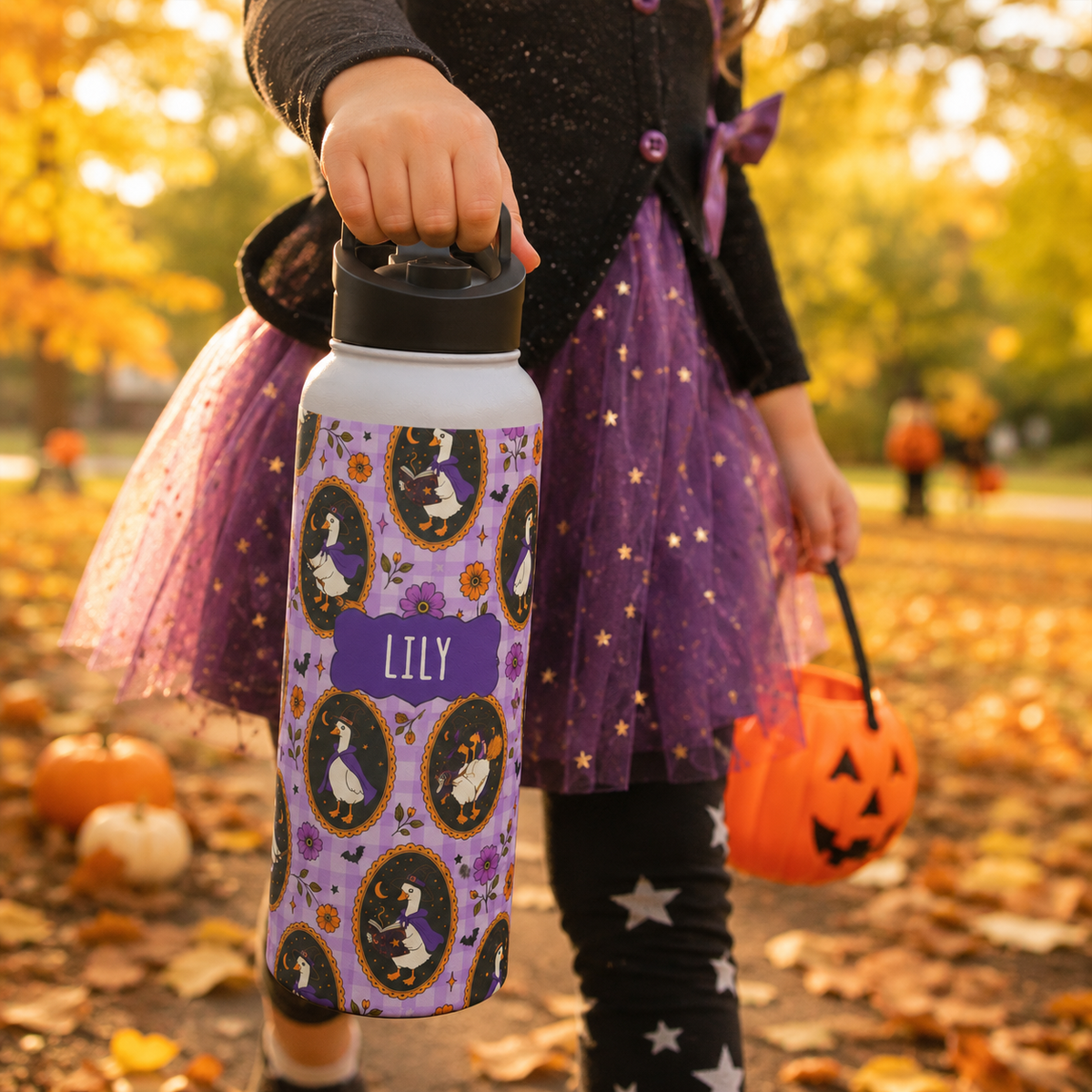 Personalized Water Bottle - Halloween Witchy Goose Custom Name